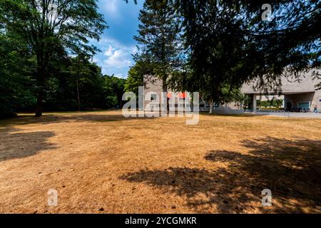 Droogte op Campus Tilburg Universität der Campus der Universität Tilburg leidet in diesem Sommer unter der schweren Zugkraft. Am Rande des Kulturwaldes de Warande gelegen, ist der westliche Teil der Stadt, sowohl der Rasen als auch die Bäume trocknen stark aus. Das ist deutlich sichtbar. Es ist nicht viel nötig, um ein waldfeuer anzuzünden. Eine Zigarette aber oder ein kleines Glas, das in der brennenden Sonne liegt. Tilburg, Niederlande. Tilburg Tilburg Universität Campus Noord-Brabant Nederland Copyright: XGuidoxKoppesxPhotox Stockfoto
