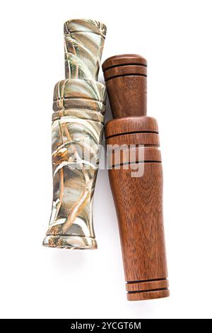 Enten- und Gänseköder mit Plüschstoffen und Anrufen Stockfoto