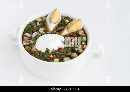 Okroshka kalte Kwass-Suppe mit gehacktem Gemüse und Eiern Stockfoto