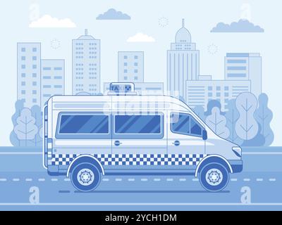 Taxibus auf der Downtown Road in Line Art Stock Vektor