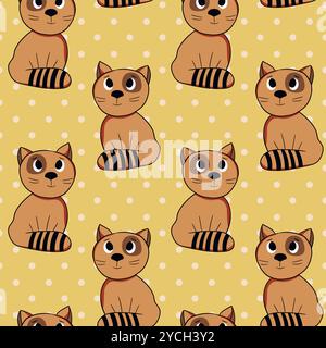 Nahtloses Muster mit niedlichem Katzenmuster. Verschiedene Katzen auf farbigem Hintergrund. Illustration im Doodle-Stil für Kinder. Vektorabbildung für Stoff Stock Vektor