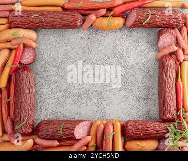 Verschiedene Trocken- und Räucherwürste mit rotem Pfeffer und Rosmarin auf einem Steintisch. Draufsicht, Kopierraum. Stockfoto