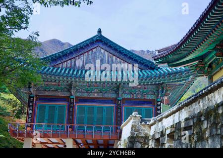 Ulsan, Südkorea - 21. Oktober 2023: Ein detaillierter Blick auf die komplizierte Holzarchitektur des Seoknamsa Tempels mit lebhaften Farben und traditioneller Tradition Stockfoto