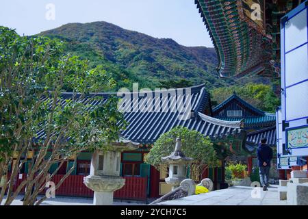 Ulsan, Südkorea - 22. Oktober 2023: Eine ruhige Szene im Seoknamsa Tempel mit traditionellen Laternen, lebhaftem Laub und einem Blick auf die umliegende Umgebung Stockfoto