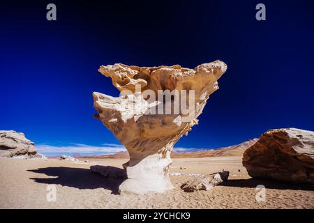 Der berühmte Arbol de Piedra, eine einzigartige Steinformation im bolivianischen Eduardo Avaroa-Nationalpark, steht stark vor einem tiefblauen Wüstenhimmel. Stockfoto