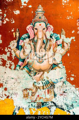 Das antike Fresko von Ganesh (auch Ganesa und Ganesh) ist eine der bekanntesten und am weitesten verehrten Gottheiten im Hindu-pantheon. Sein Bild i Stockfoto