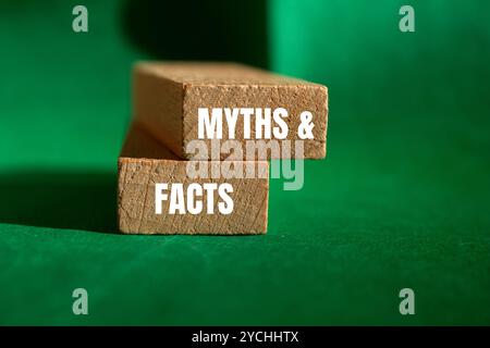 Mythen und Fakten Botschaft geschrieben auf Holzblöcken mit grünem Hintergrund. Begriffliches Mythen- und Tatsachensymbol. Kopierbereich. Stockfoto