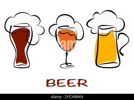 Biersammlung. Drei Tassen Bier-Pint auf weiß. Vektor-eps10-Illustration Stockfoto
