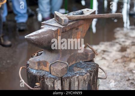 Alter Amboss mit Schmied-Tools auf die Natur Stockfoto