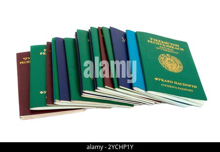 Verschiedene ausländische Pässe auf weißem Hintergrund Stockfoto
