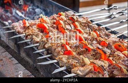 Schaschlik: Scheiben von Fleisch mit Soße vorbereiten auf Feuer Stockfoto