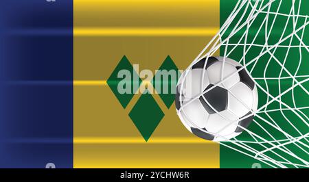 Fußball Fußball im Goal Net isoliert auf Saint Vincent und der Grenadinen Schattierte Flagge, Sportzubehör Ausrüstung zum Spielen, Meisterschaft Stock Vektor