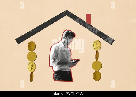 Composite Photo Collage von ernsthaften Mann Angestellte halten Telefon Freiberufler Fernarbeit Arbeit Einkommen Münze Fortschritt isoliert auf gemalten Hintergrund Stockfoto