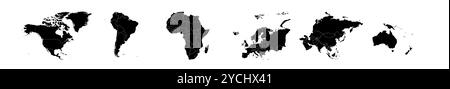 Satz von sechs Karten des Weltkontinents in Folge – Nordamerika, Südamerika, Afrika, Europa, Asien und Australien. Graue Silhouette leere Vektorkarte Stock Vektor