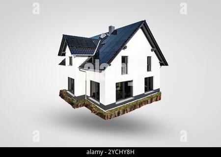 Schwimmendes Einfamilienhaus mit Sonnenkollektoren-Konzept Stockfoto