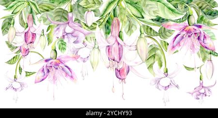 Fuchsiaflume. Helles Aquarellbild, handgezeichnet auf weißem Hintergrund. Geeignet für Dekor und Textilien Stockfoto