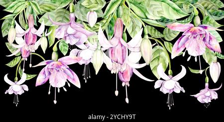 Fuchsiaflume. Helles Aquarellbild, handgezeichnet auf schwarzem Hintergrund. Geeignet für Dekor und Textilien Stockfoto