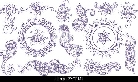 Niedliche handgezeichnete organische Dekorationselemente mit kleinen Mandalas, Petersilie-Details und Blumenmotiven. Isolierte Vektorillustration im Doodle-Stil. Stock Vektor
