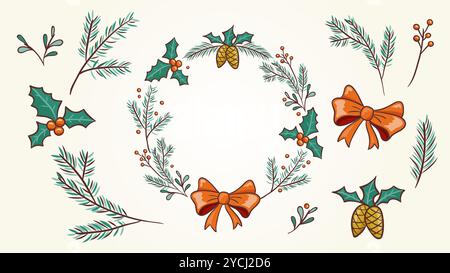 Handgezeichneter weihnachtlicher Blumenschmuck und isolierte Elemente. Stechpalmenblätter, Tannenzahnzweige und ein niedliches Band, perfekt für die Gestaltung von Grußkarten Stock Vektor