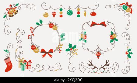 Weihnachtsdekorationen, Ecken und Trennwände. Saisonale Artikel und elegante Linien. Vektorabbildung. Stock Vektor