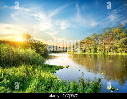 Sonnenaufgang über dem Wald-Fluss Stockfoto