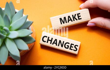 Symbol „Änderungen vornehmen“. Holzblöcke mit Wörtern ändern sich mit saftigen Pflanzen. Wunderschöner orangefarbener Hintergrund. Geschäftsmann Hand. Geschäftlich arbeiten und Chan machen Stockfoto