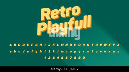 Diese auffällige, im Retro-Stil inspirierte Schrift verfügt über abgerundete, kompakte Buchstaben mit gelber 3D-Füllung und orangefarbenen Schatten, ideal für verspielte, lebendige Überschriften und Stock Vektor