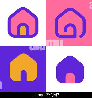 Set aus vier farbenfrohen Heimsymbolen in verschiedenen Stilen mit lebendigen Hintergründen, die kräftige Farben und Texturen kombinieren Stock Vektor