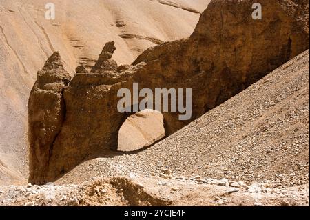 Himalaya-Gebirgslandschaft. Gestein- und Sandformation bei Pang. Indien, Ladakh, Sarchu Plain, Blick auf die Autobahn Manali-Leh, Höhe 43 Stockfoto