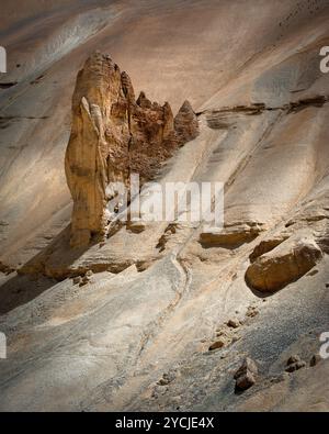 Himalaya-Gebirgslandschaft. Gestein- und Sandformation bei Pang. Indien, Ladakh, Sarchu Plain, Blick auf die Autobahn Manali-Leh, Höhe 43 Stockfoto