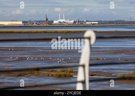 KingsNorth war ein zweigefeuertes Kohle- und Ölkraftwerk auf der Hoo-Halbinsel bei Medway in Kent, Südostengland. Die vierteilige Hinton Heavies Station wurde von der Energiefirma E. betrieben IM Vereinigten Königreich und hatte eine Erzeugungsleistung von 2.000 Megawatt.[4] es konnte entweder mit Kohle oder Öl betrieben werden, obwohl Öl in der Praxis nur als Sekundärbrennstoff oder für die Inbetriebnahme verwendet wurde. Stockfoto