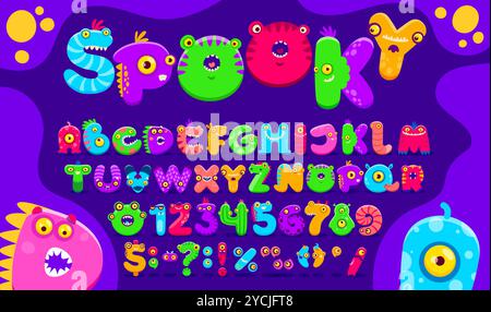 Zeichentrick-Monster-Schriftart, lustige Vogelscheuchen-Schriftart, Bugaboo-Schriftart, bogle-Alphabet-Vektor-Typografie. Niedliche Buchstaben und Zahlen mit Halloween Alien, Fantasy Drachen Tier und Keimmonster Figuren Stock Vektor
