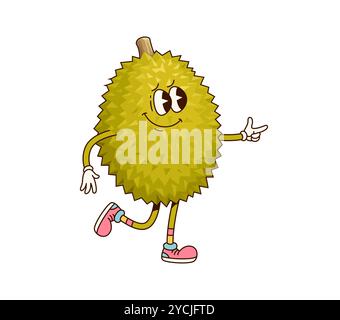 Grooviger tropischer Durian-Fruchtcharakter mit freundlichem Gesicht und fröhlichem Ausdruck, mit Fingerpistole-Geste. Isolierte Comic-Vektor-Comic-Persönlichkeit aus tropischen Früchten mit funky Vibe und Retro-Sneakers Stock Vektor
