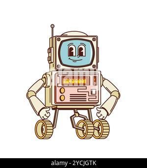 Cartoon Retro grooviger Roboter Charakter Bot auf Rädern, Vektor Space rover android. Lustiger Retro-Roboter in groovigem Cartoon mit Computer-Display-Gesicht und Happy Lächeln für kosmischen Raum android oder Cyborg Spielzeug Stock Vektor