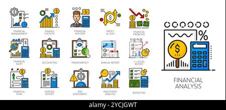 Farbige Symbole für Finanzanalyse, Buchhaltung, Steuereinnahmen und Budgetpositionen für Vektorfinanzierungen, Geschäfte und Investitionen. Finanzanalyseberichte, Geld, Bilanz, Auditberichte, Umrisse von Zeichen Stock Vektor