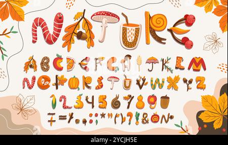 Comic Herbstschriftart, Thanksgiving-Typ, herbstliche lustige Buchstaben und Zahlen von Herbstblättern, Pilzen, Regentropfen. Vektortypografie Alphabetzeichen Schriftart, Thanksgiving Torte und Äpfel Stock Vektor