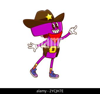 Cartoon groovige Mathe Nummer 7 Cowboy und Sheriff Charakter. Isolierte Vektorziffer 7 Personage trägt zehn-Gallonen-Hut, Waffen und Sternenabzeichen, löst Gleichungen, hält Ordnung in mathematischer Grenze Stock Vektor