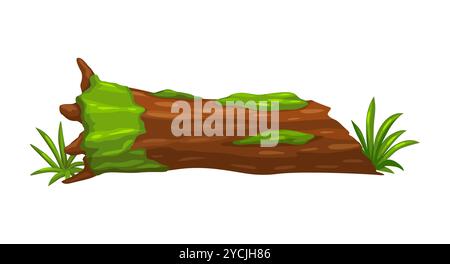 Baumstamm für Dschungellandschaft und prähistorische Umgebung aus der Dinosaurierzeit, Vektor-Comic-Spiel-Asset. Gebrochener Baumstamm oder Baumstamm mit Moos und Gras für Jurassic Dinosaurs Arcade-Spielelemente Stock Vektor