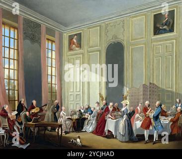 Mozart gibt ein Konzert im Salon des Quatre-Glaces Au Palais DuTemple am Hof des Prinzen de Conti Ollivier, 1770 - Michel-Barthélémy Ollivier (Französisch, 1712-1784) Stockfoto