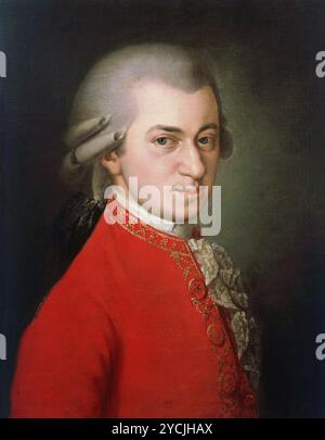 Porträt von Wolfgang Amadeus Mozart - dieses postume Porträt von Wolfgang Amadeus Mozart wurde 1819 von Barbara Kraft (1764–1825) auf Wunsch von Joseph Sonnleithner gemalt, lange nach Mozarts Tod Stockfoto