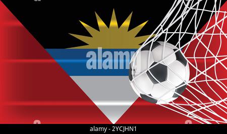 Fußball Fußball im Goal Net isoliert auf Antigua und Barbuda Shaded Flag, Sportzubehör Ausrüstung zum Spielen, Meisterschaft Stock Vektor