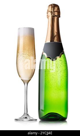 Flasche und Glas Champagner Stockfoto