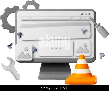 3d-Fehler 404 3d-Symbol. Systemaktualisierung, Entwicklung und Service auf der Webseite. Reparaturwerkzeuge und Monitor, Verkehrskonus aus Kunststoff. Realistisches Rendern Stock Vektor