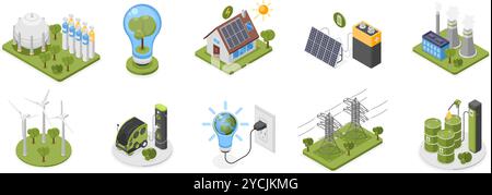 Isometrisches Ökosystem. Elektro- und saubere Tankstelle, Solarpaneele für Smart Energy House. Umweltfreundlicher Lebensstil, Umweltschutz und Natur, makelloser Vektor Stock Vektor