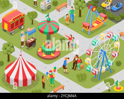 Isometrischer Vergnügungspark. Eltern mit Kindern gehen, essen Eis, reiten auf Schaukeln und machen Fotos mit Schauspielern. Zirkus makellose Vektorszene Stock Vektor