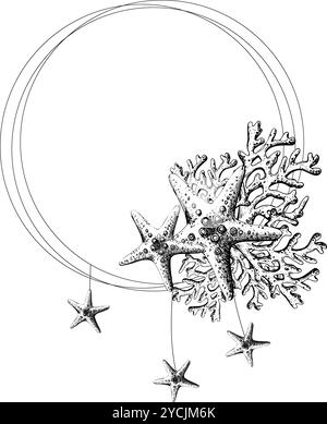 Seesterne mit Korallenzweigen. Handgezeichnete grafische Illustration in schwarz-weißer Strichgrafik. Runder Rahmen, Kranz, Textplatzhalter auf einer Marine Stock Vektor