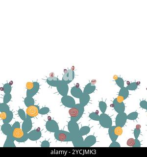 Nahtloses Muster des Kakteen-Zauns. Grenze mit Opuntia-Kaktus, kritzelnde isolierte Illustration. Cartoon Feigenkraut Pflanze mit Blumen und Früchten, Vektor. Stock Vektor