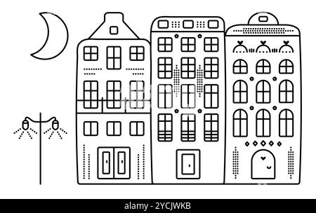 Typisch holländische Architektur, drei Grachtenhäuser im Amsterdamer Stil, Laterne und wachsender Mond. Schwarze Linie Niederlande Gebäude bei Nacht, Vektorillustra Stock Vektor