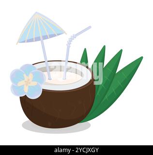 Kokos-Cocktail mit Nussmilch, kaltes Sommergetränk mit einem Strohhalm, dekorativer Regenschirm, Blume und Palmblätter, bunte Vektor-Illustration Stock Vektor