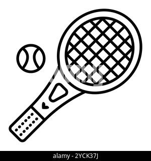 Tennisschläger und -Ball. Vektor-Monochrom-Illustration, Symbol für Sportzubehör, bearbeitbarer Strich Stock Vektor